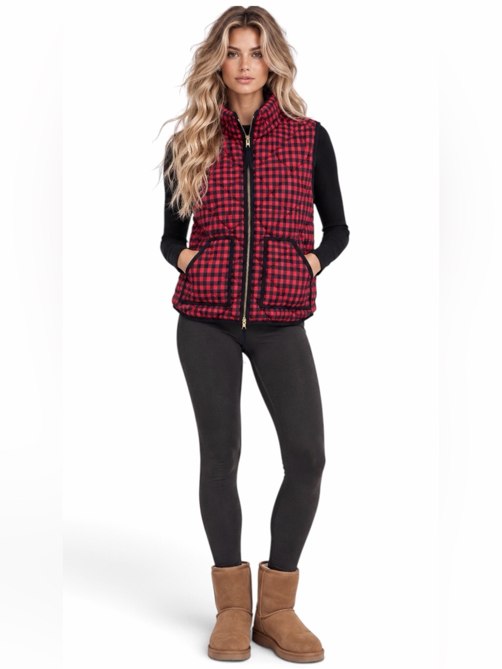 J.Crew – Excursion Quilted Down Puffer Vest – Red Black Buffalo Plaid – Sz. L
